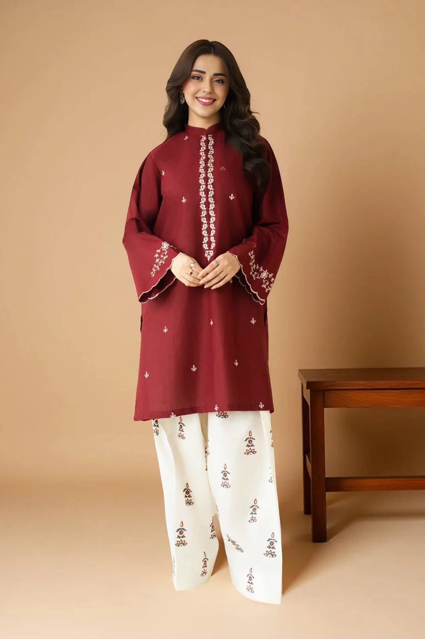 Dhanak 2 Piece Booti Embroidered Suit Maroon Cream - view 2