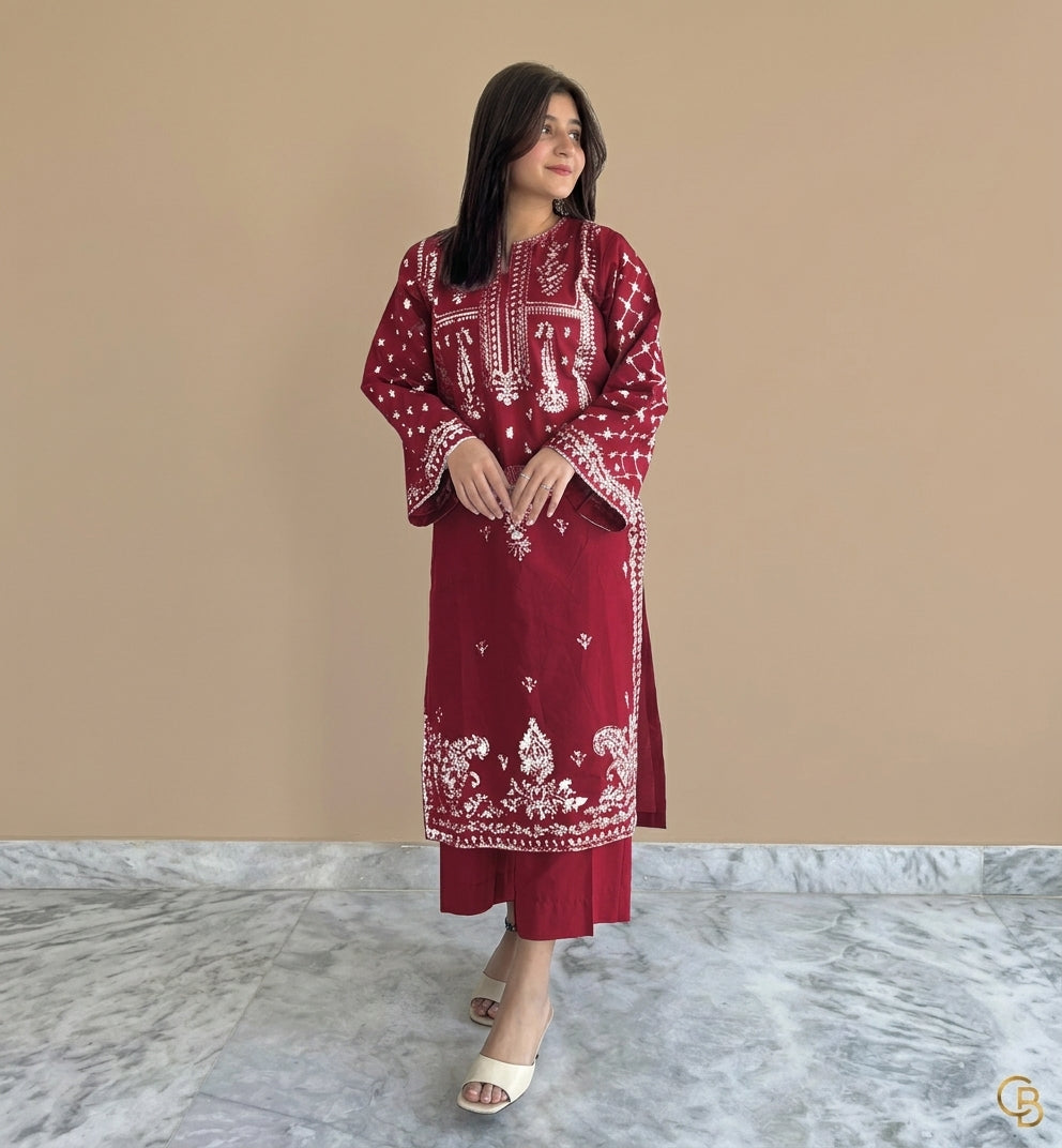Dhanak 2 Piece Chikankari Embroidered Suit Maroon Teal - view 2