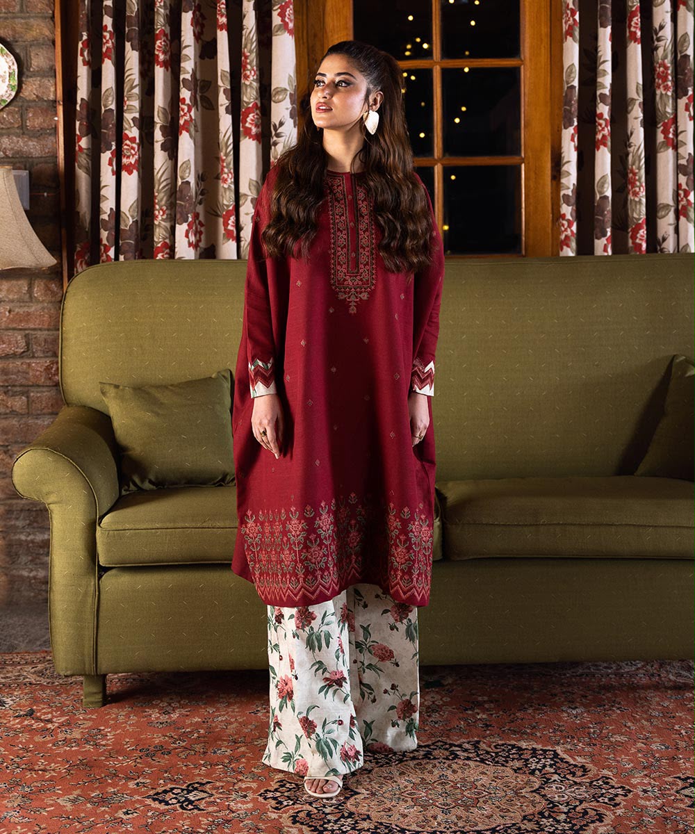 Dhanak 2 Piece Heavy Embroidered Suit with Karandi Trouser Maroon