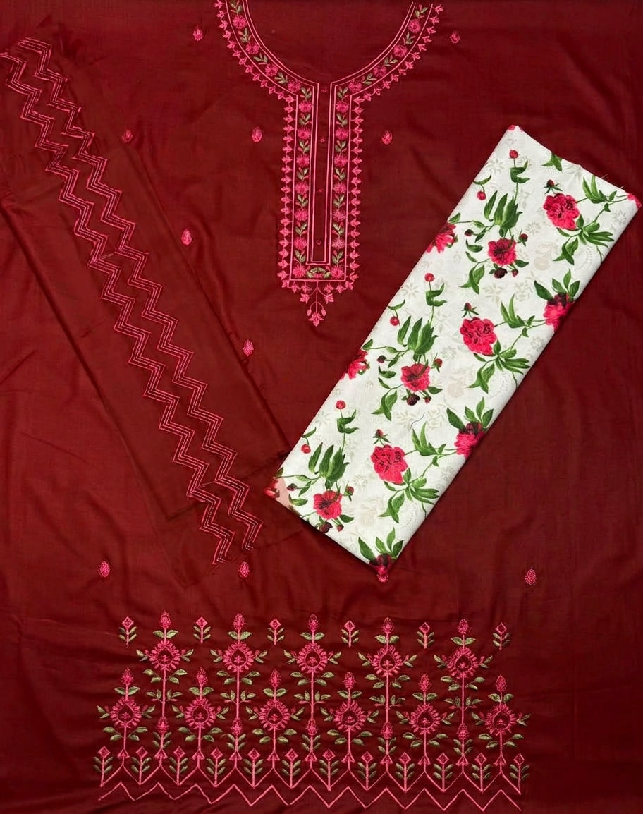 Dhanak 2 Piece Heavy Embroidered Suit with Karandi Trouser Maroon - view 2