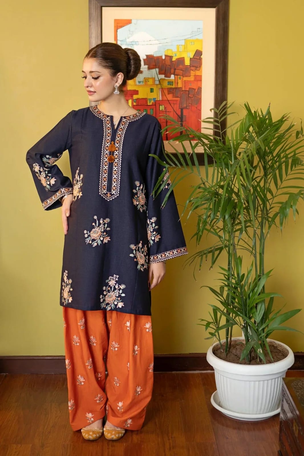 Dhanak 2 Piece Embroidered Suit Navy Orange