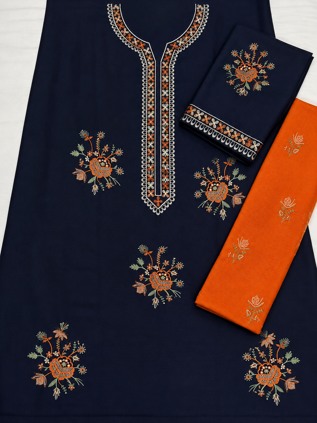 Dhanak 2 Piece Embroidered Suit Navy Orange - view 3