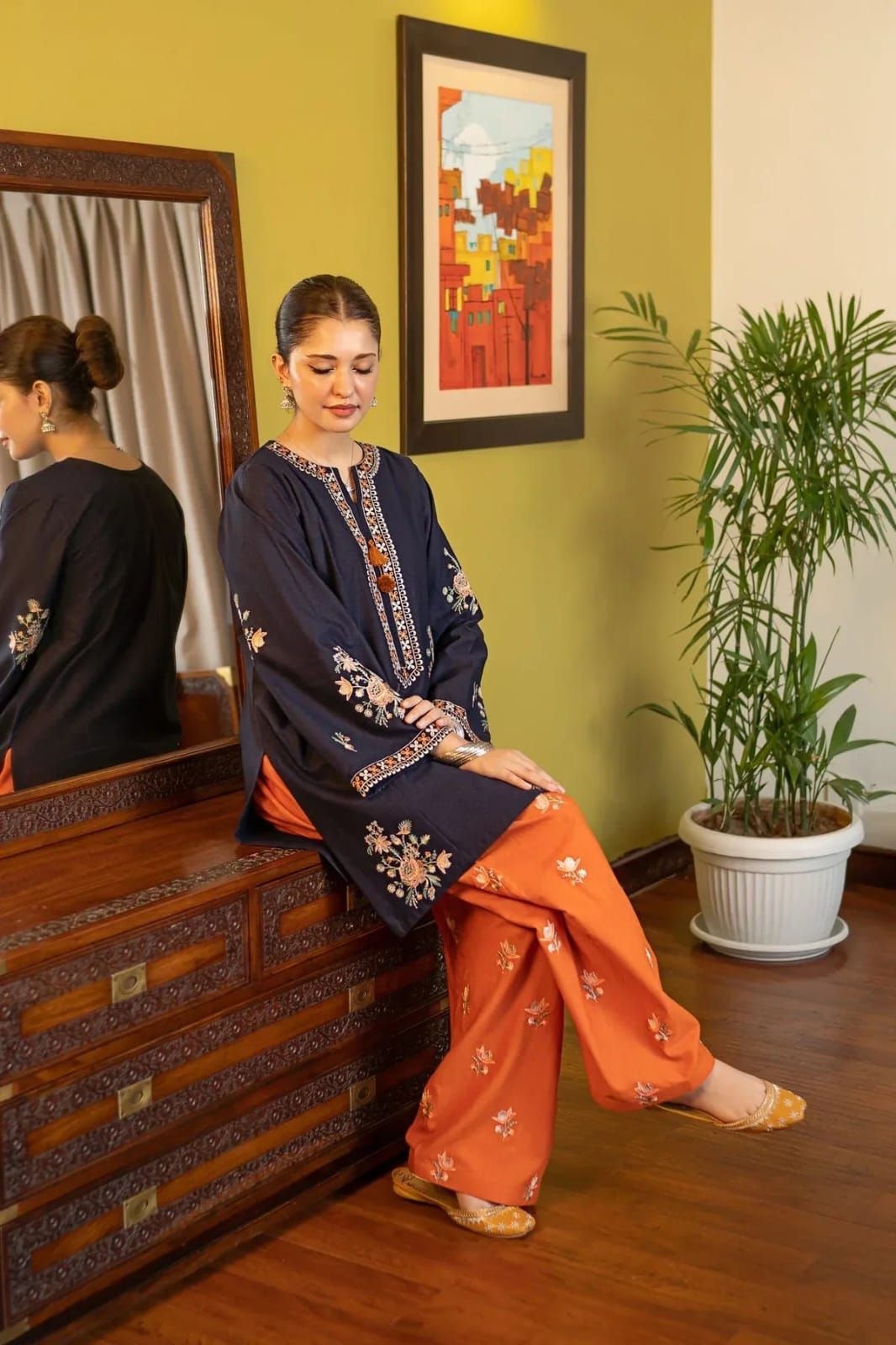 Dhanak 2 Piece Embroidered Suit Navy Orange - view 4