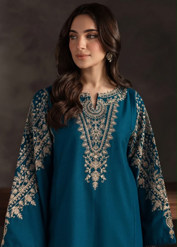 Dhanak 2 Piece Gold Embroidered Suit Steel Blue