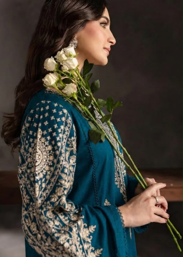 Dhanak 2 Piece Gold Embroidered Suit Steel Blue - view 3