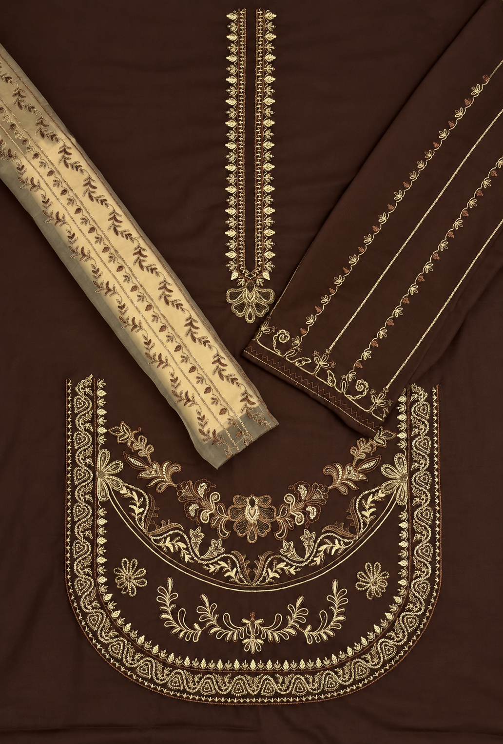 Dhanak 2 Piece Multihead Embroidered Suit Brown - view 2