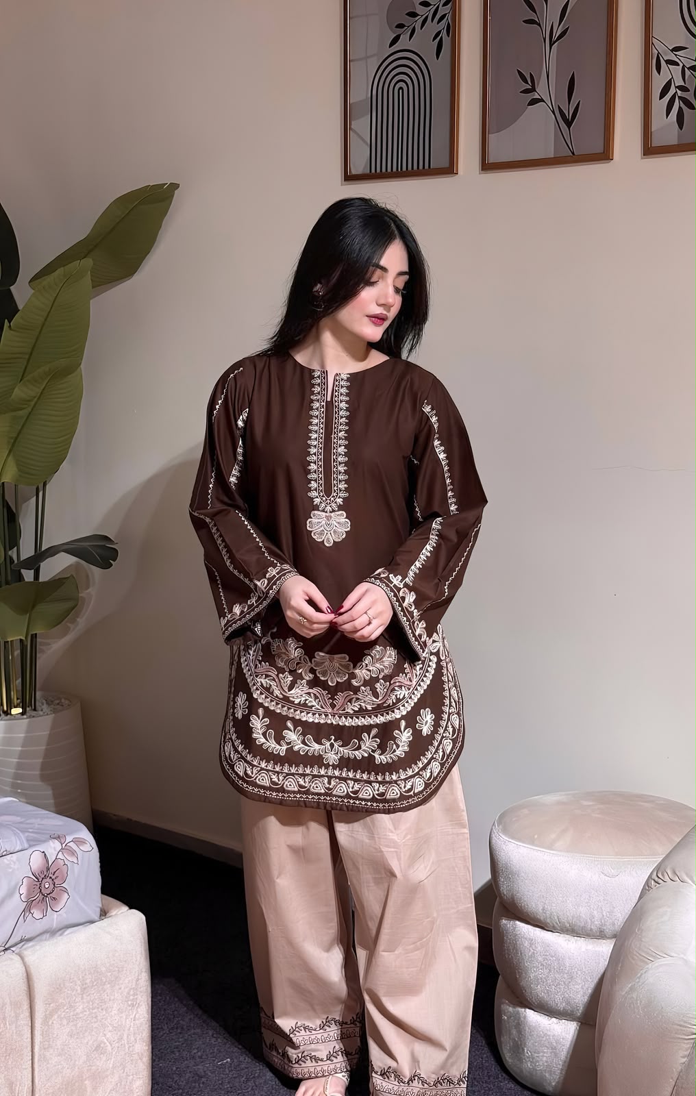 Dhanak 2 Piece Multihead Embroidered Suit Brown - view 3
