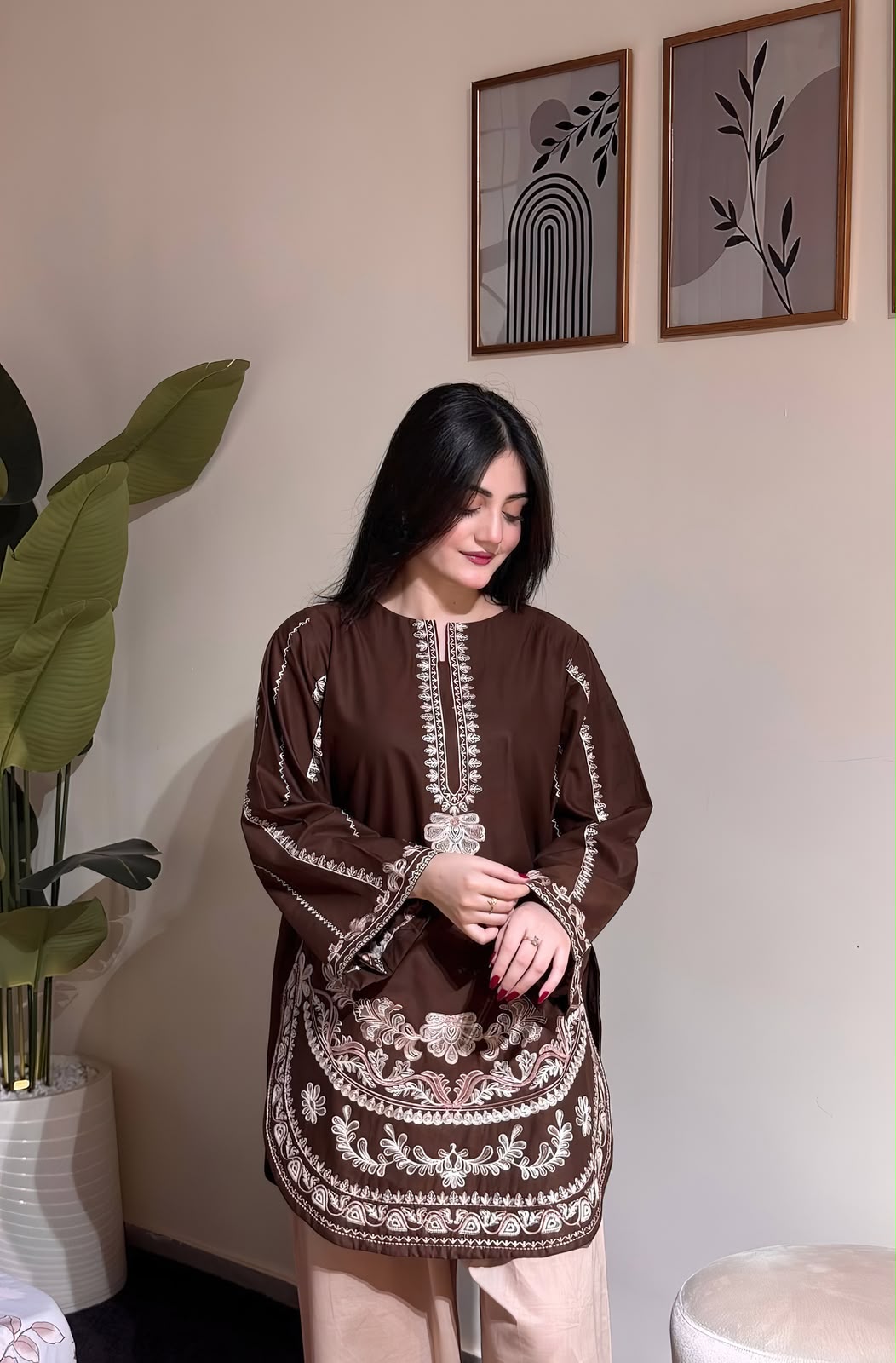 Dhanak 2 Piece Multihead Embroidered Suit Brown - view 5