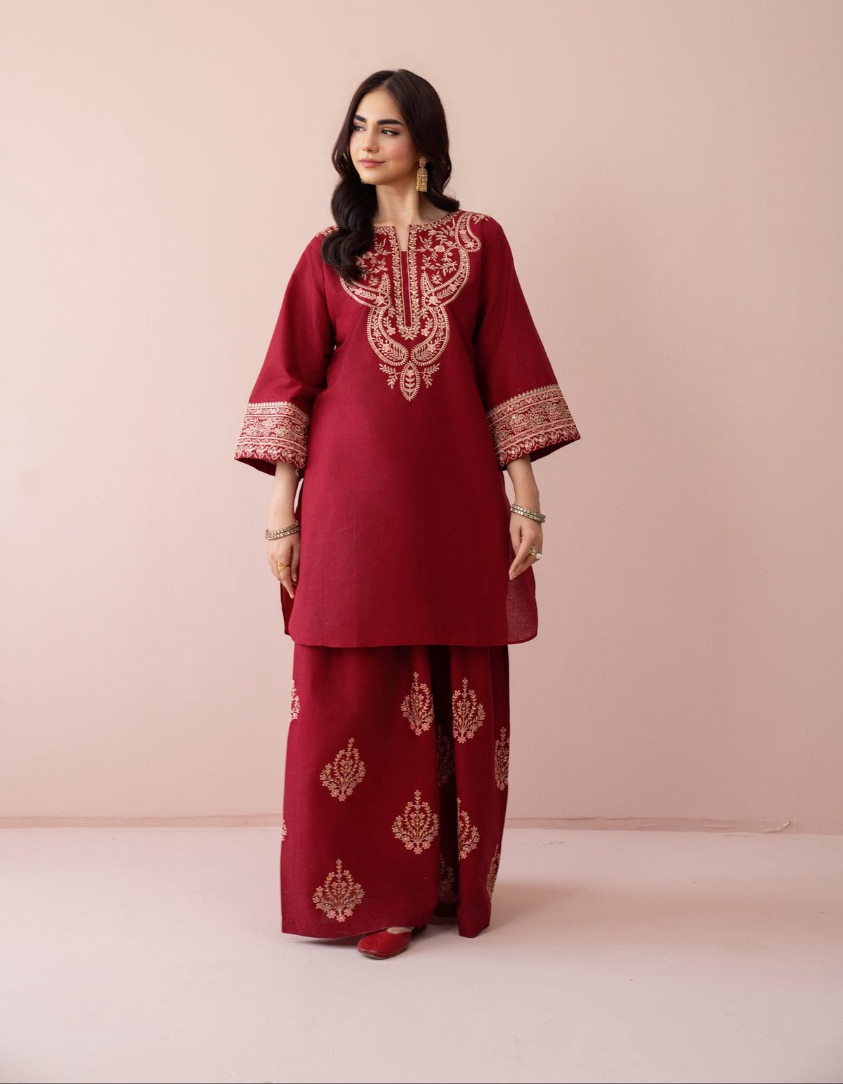 Dhanak 2 Piece Neck Embroidered Suit Maroon Hot Pink - view 2