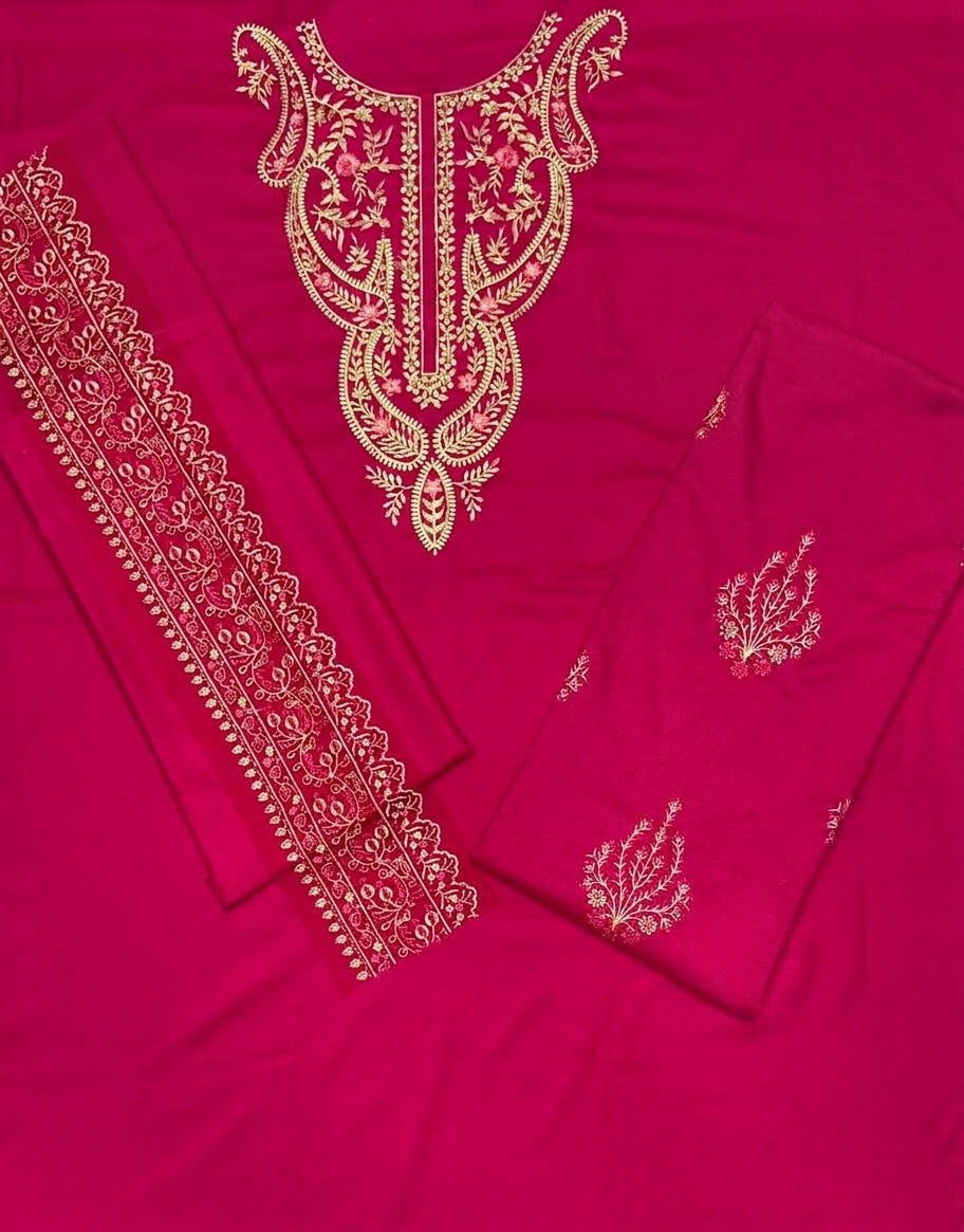 Dhanak 2 Piece Neck Embroidered Suit Maroon Hot Pink - view 3