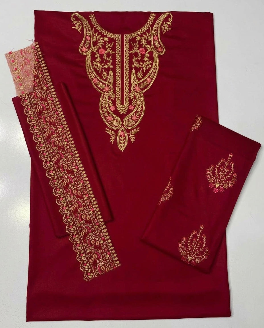 Dhanak 2 Piece Neck Embroidered Suit Maroon Hot Pink - view 4