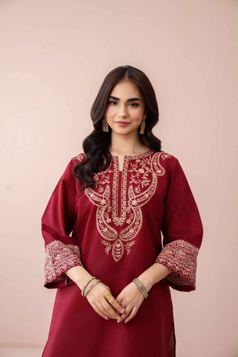 Dhanak 2 Piece Neck Embroidered Suit Maroon Hot Pink - view 5