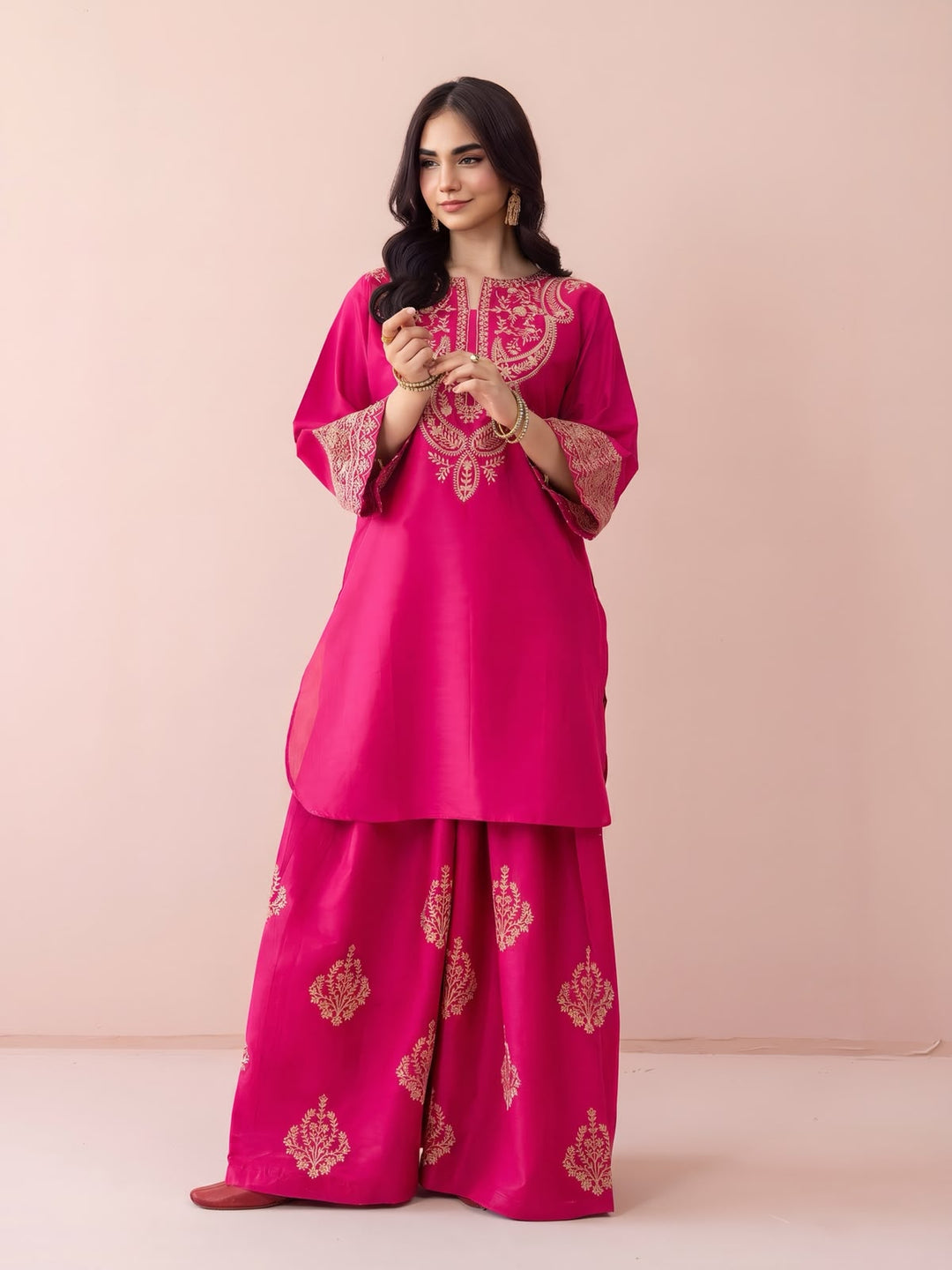 Dhanak 2 Piece Neck Embroidered Suit Maroon Hot Pink - view 8