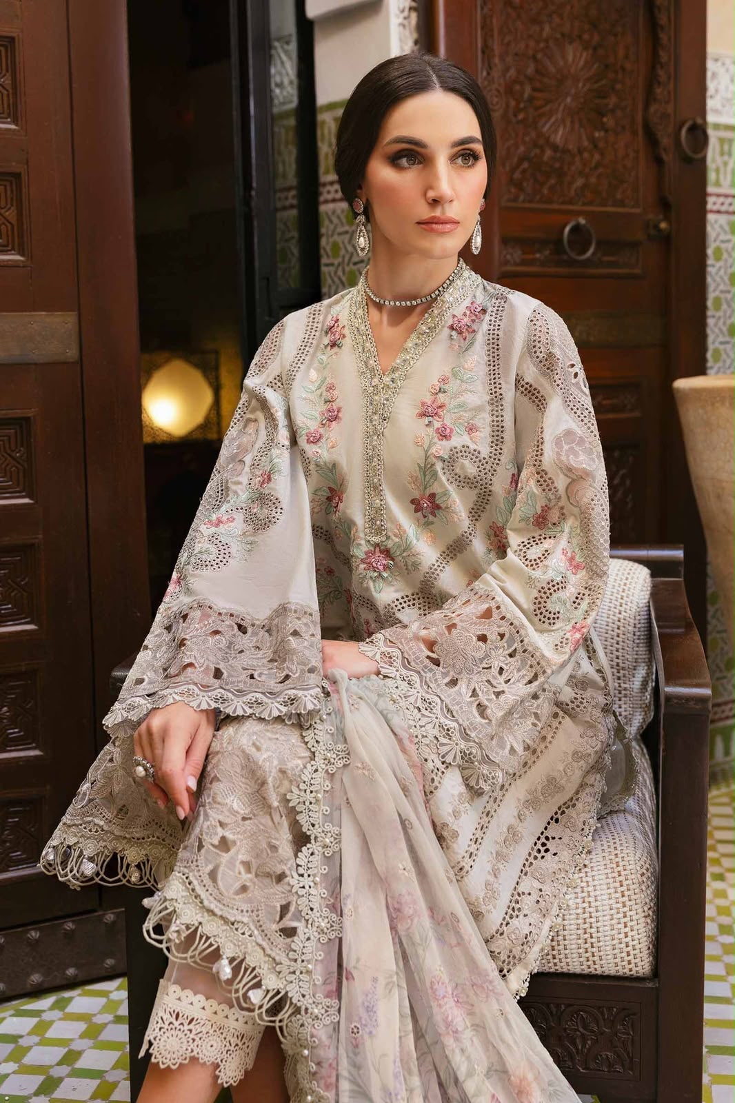 Beige Dhanak 3 Piece Chikankari Embroidered Suit with Printed Floral Woollen Shawl - view 5