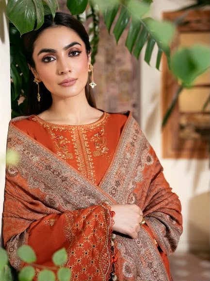Rust Dhanak 3 Piece Chikankari Boring Embroidered Suit with Printed Paisley Woollen Shawl - view 4