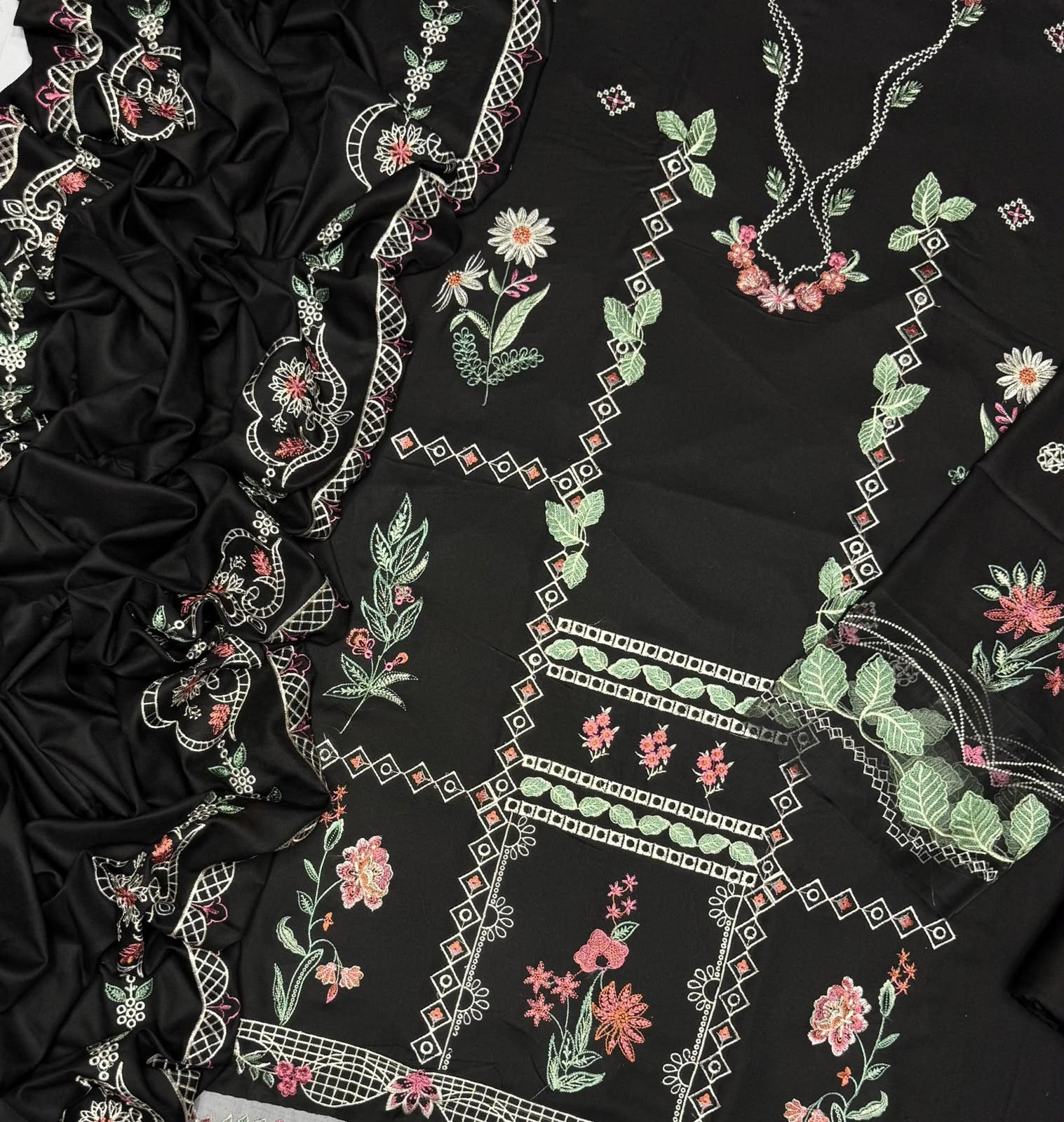 Black Dhanak 3 Piece Multi-Color Embroidered Suit with Luxury Embroidered Shawl - view 4