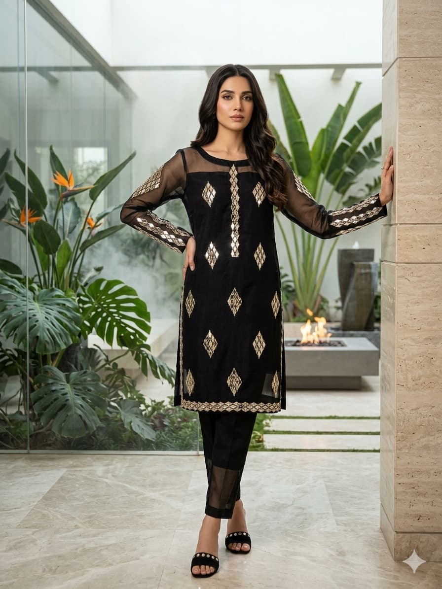 ATM24025 | 3 Piece Black Chiffon Readymade Mirror Embroidered Suit
