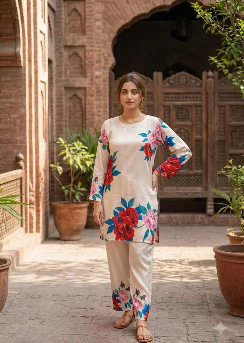 Ivory Red Pink Floral Shamooz Silk 2-Piece Co-Ord Set - view 3