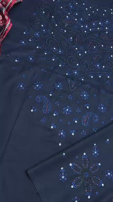 Navy Blue Dhanak 3-Piece Suit Full Heavy Sequence Embroidered with Digital Printed Woolen Shawl & Karandi Trouser Unstitched — Winter Collection 2026