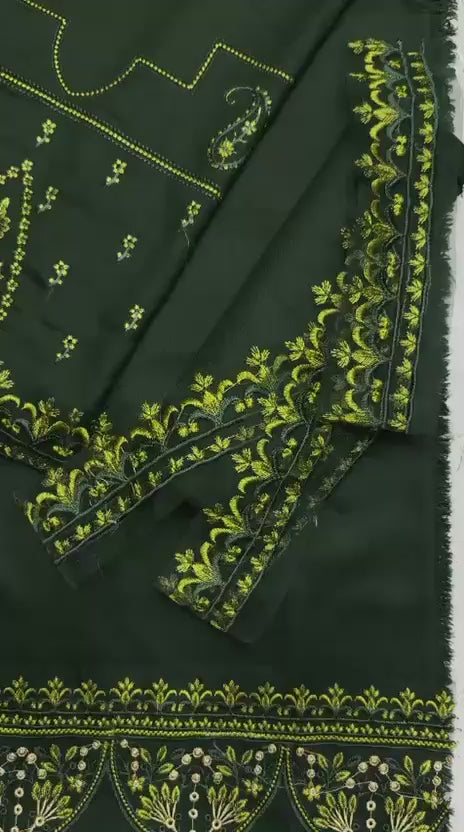 Bottle Green Dhanak 3-Piece Suit Full Heavy Embroidered with Digital Printed Woolen Shawl Unstitched — Winter Collection 2026