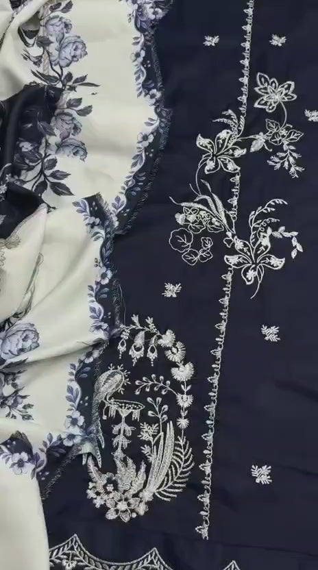 Navy Blue Dhanak 3 Piece Embroidered Suit with Woolen Shawl - video