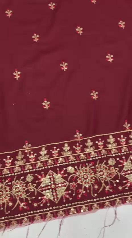 Maroon Dhanak 3-Piece Suit Heavy Sequence Embroidered with Luxury Embroidered Shawl Unstitched — Winter Collection 2026