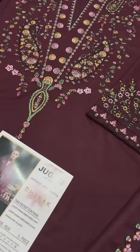 Wine Dhanak 3-Piece Suit Full Heavy Embroidered with Multi-Head Embroidered Shawl Unstitched — Winter Collection 2026