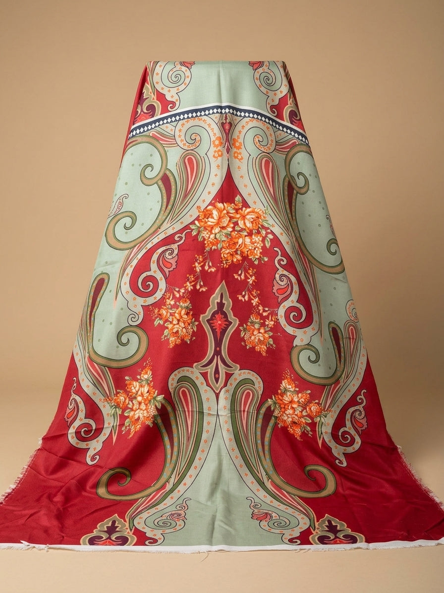 Ethnic Red Paisley Digital Printed Viscose Slub Long Kaftan Unstitched