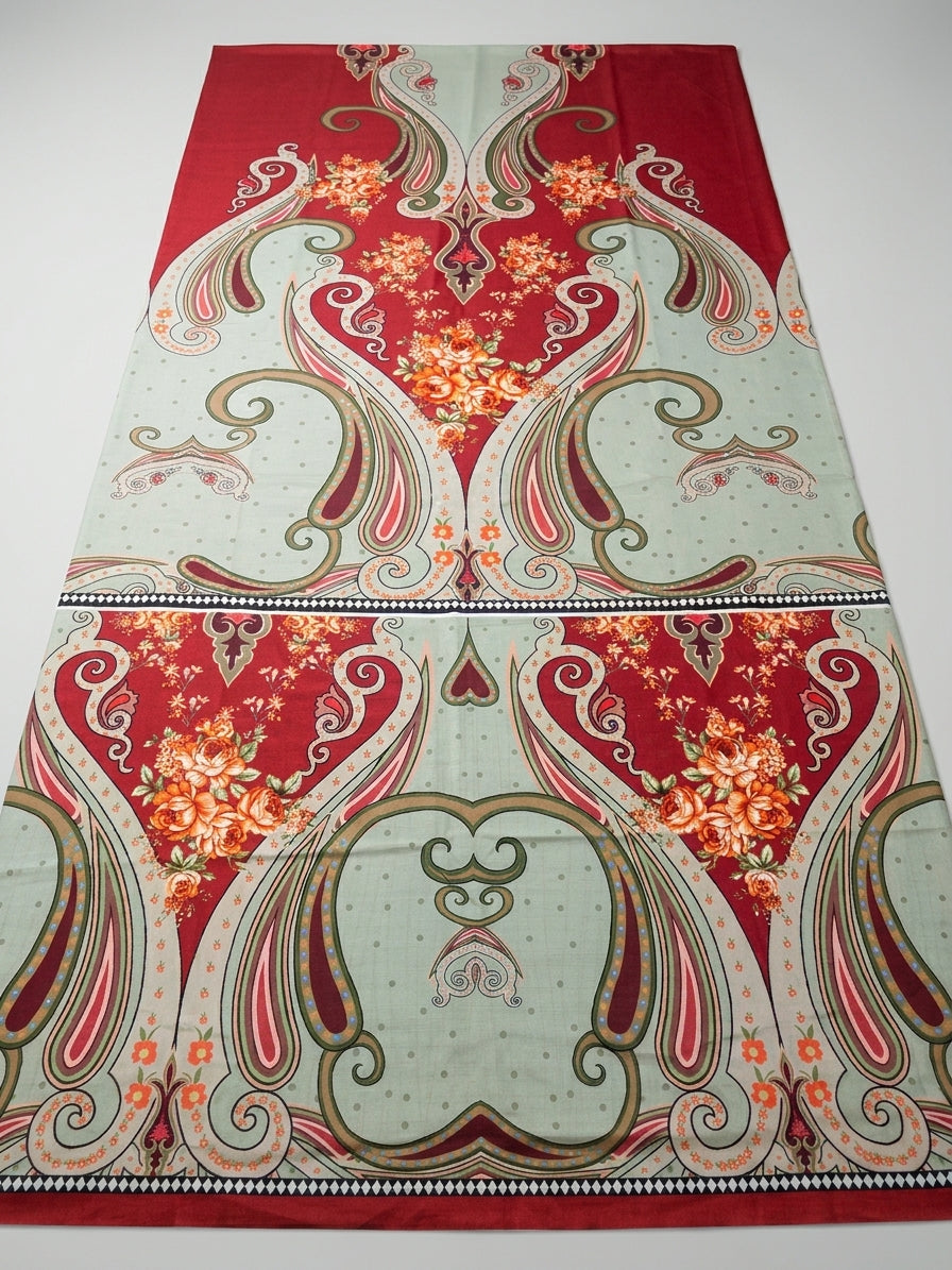 Ethnic Red Paisley Digital Printed Viscose Slub Long Kaftan Unstitched