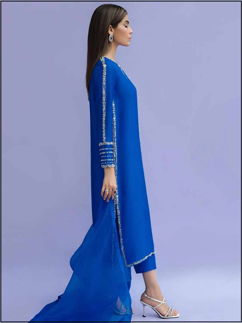 Designer's Inspired Blue Chiffon Readymade 3 Piece Suit
