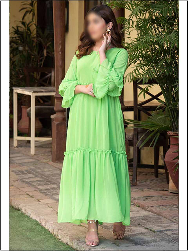 Parrot Green Chiffon Readymade Maxi With Double Frill 329