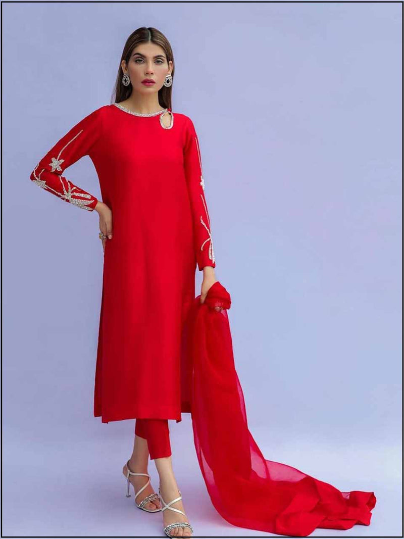 Designer's Inspired Red Chiffon Readymade 3 Piece Suit