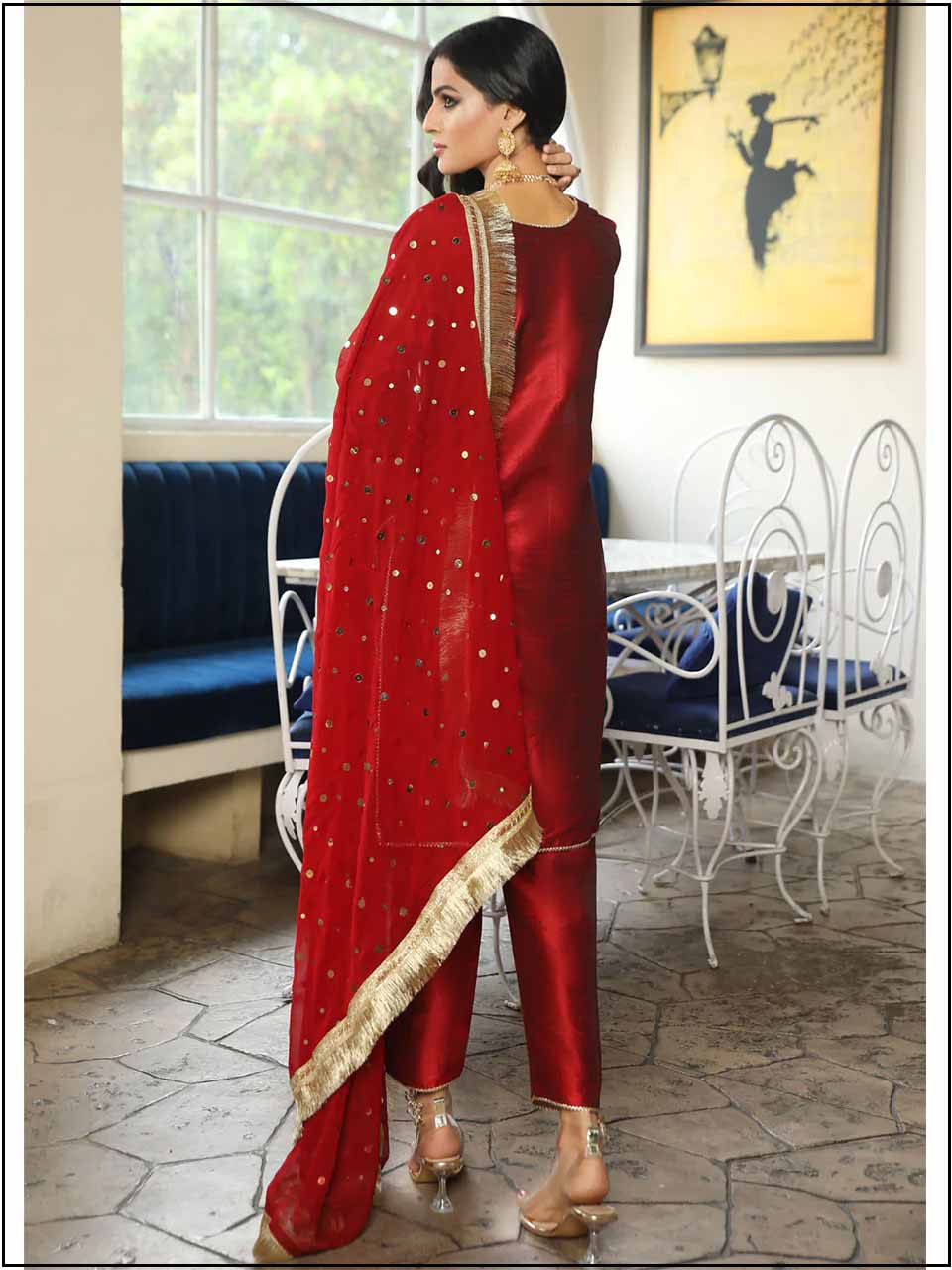 3 Piece Plain Raw Silk Red Readymade Suit With Ghota work Net Dupatta 351