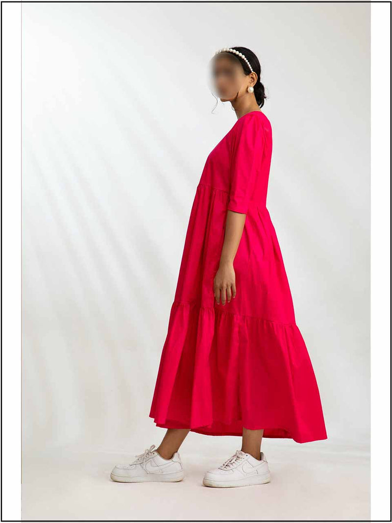 Hot Pink Cotton Readymade Maxi In Tiered Style 300