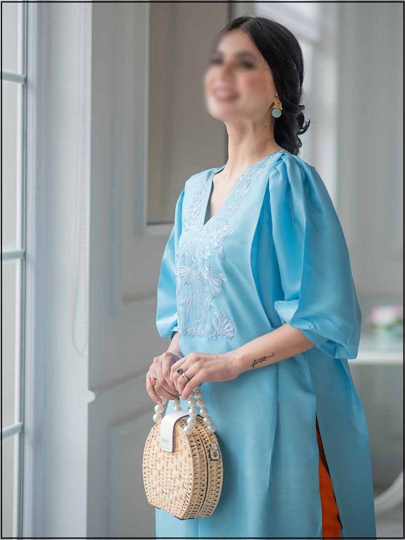 2 Piece Blue/Orange Silk Embroidered Readymade Suit Pleated Style 345
