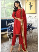 3 Piece Plain Raw Silk Red Readymade Suit With Ghota work Net Dupatta 351