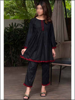 2 Piece Black Irish Cotton Readymade Suit In Lace Style 307