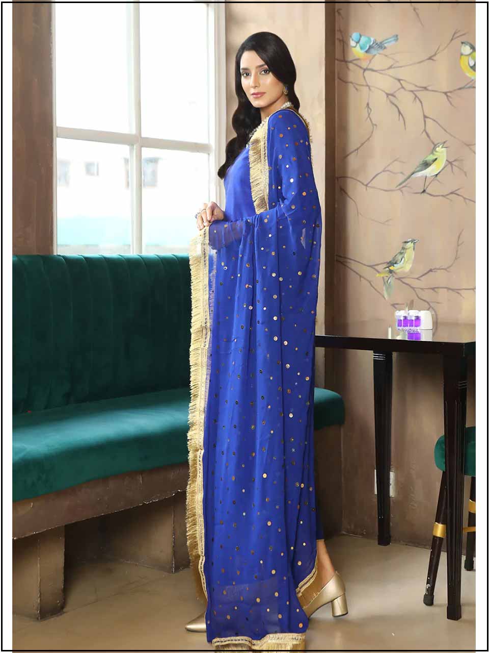 3 Piece Plain Raw Silk Blue Readymade Suit With Ghota work Net Dupatta 350