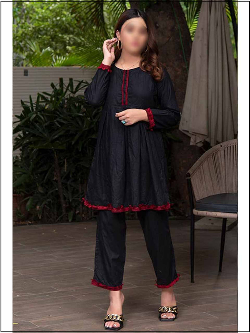 2 Piece Black Irish Cotton Readymade Suit In Lace Style 307