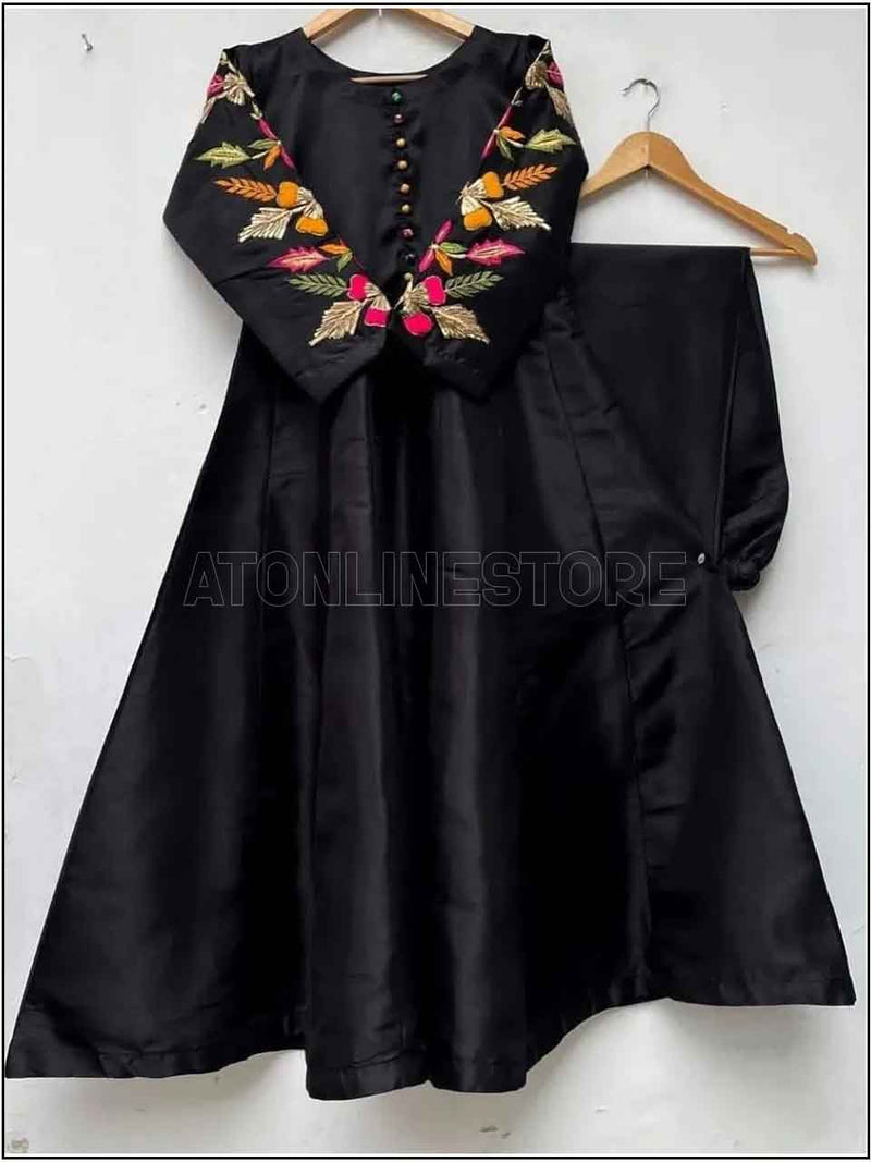 2 Piece Silk Solid Colors Readymade Suit With Embroidered Sleeves 369