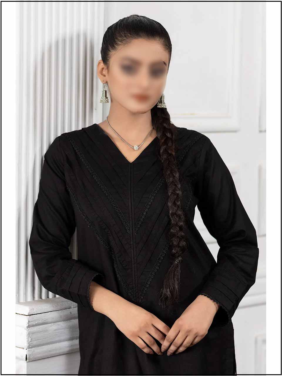 2 Piece Black Cotton Readymade Suit With Pintex & Lace 210