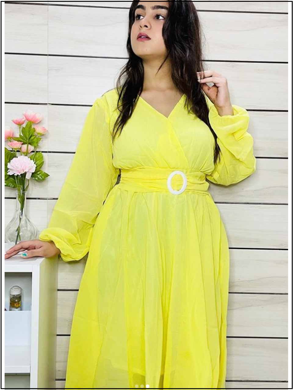 Lemon Yellow Organza Readymade Top With Belt 340