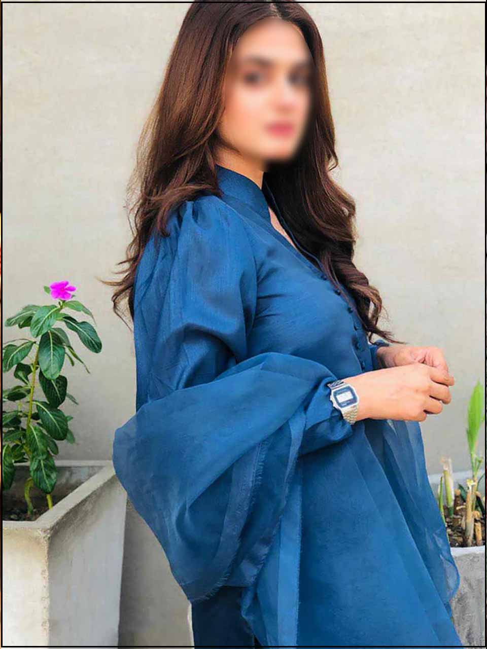 3 Piece Blue Silk Readymade Suit With Ruffle Dupatta 120 – At