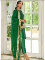 3 Piece Plain Raw Silk Green Readymade Suit With Ghota work Net Dupatta 349
