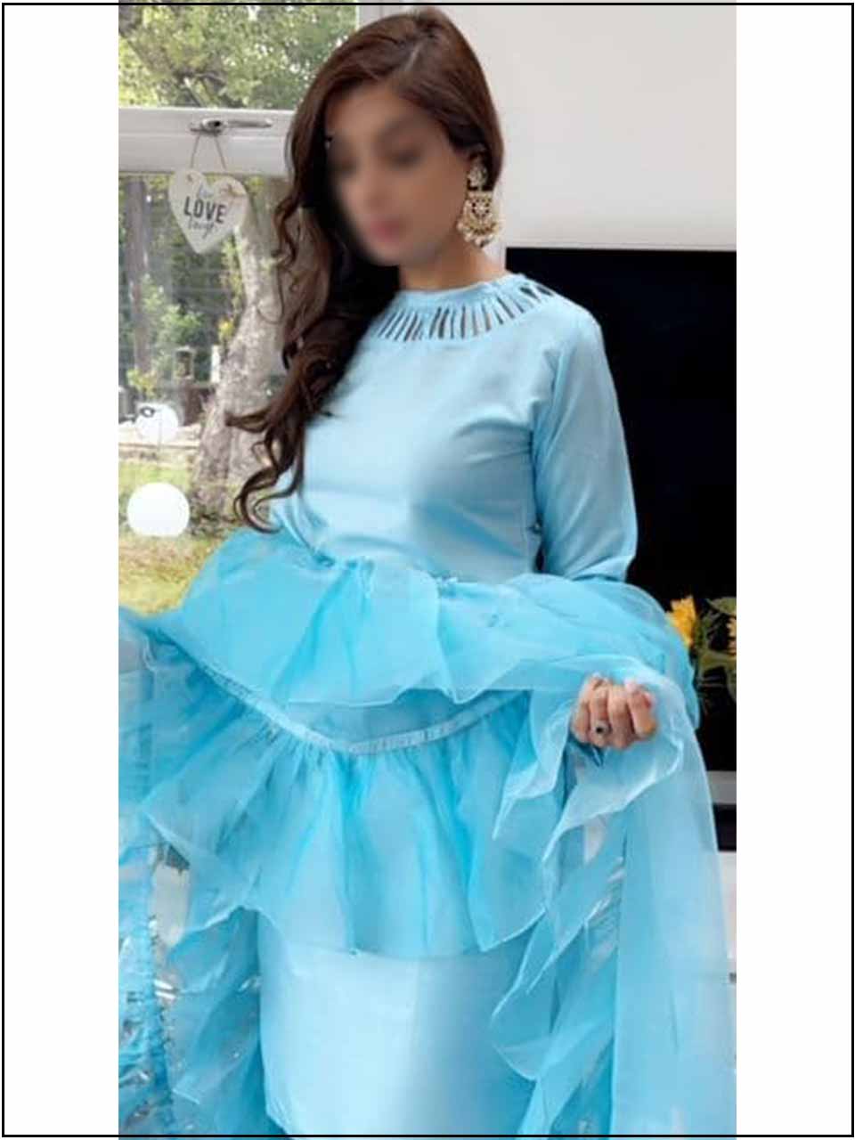 ATM770AN | 3 Piece Blue Silk Readymade Suit With Ruffle Dupatta