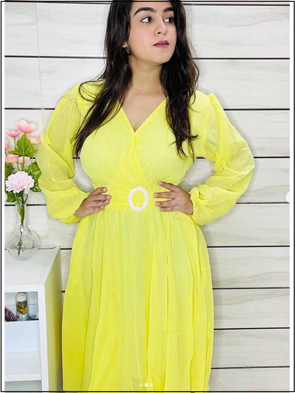 Lemon Yellow Organza Readymade Top With Belt 340