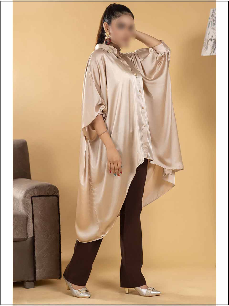 Beige Silk Poncho Readymade Top With Button 203