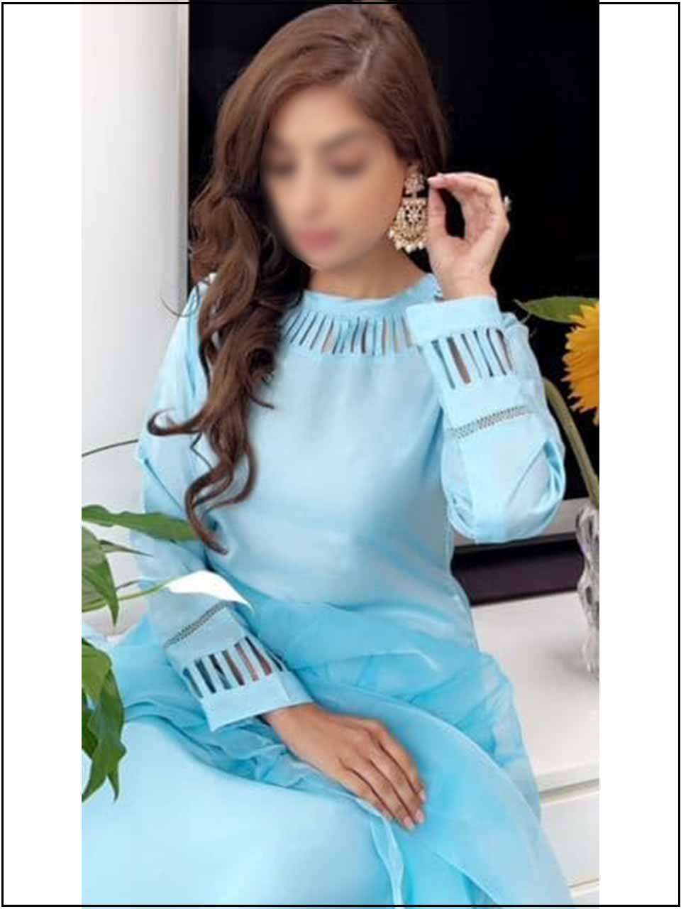 ATM770AN | 3 Piece Blue Silk Readymade Suit With Ruffle Dupatta