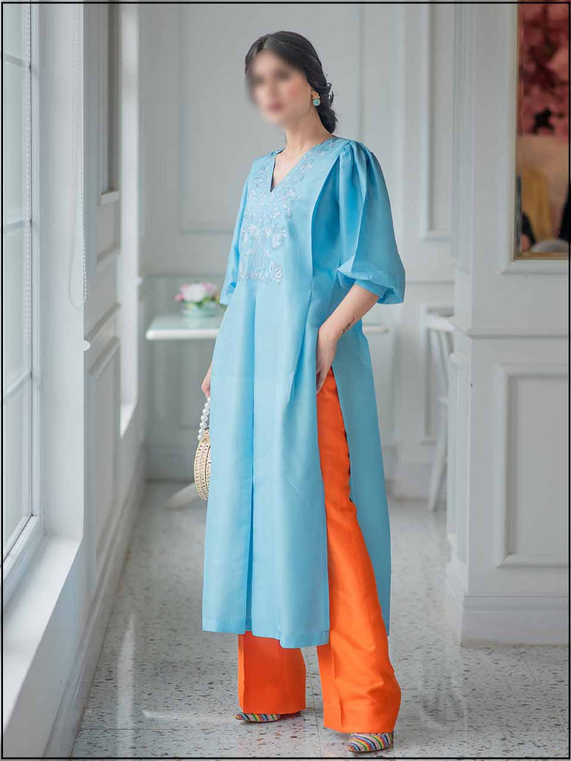 2 Piece Blue/Orange Silk Embroidered Readymade Suit Pleated Style 345
