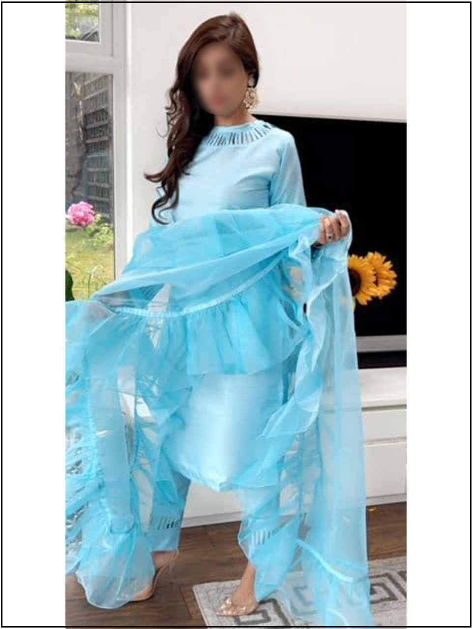 ATM770AN | 3 Piece Blue Silk Readymade Suit With Ruffle Dupatta